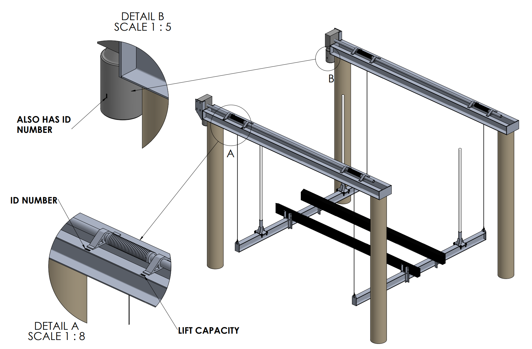 Diagram showing possible ID number and lift capacity locations on a Neptune 4-Post Boat Lift