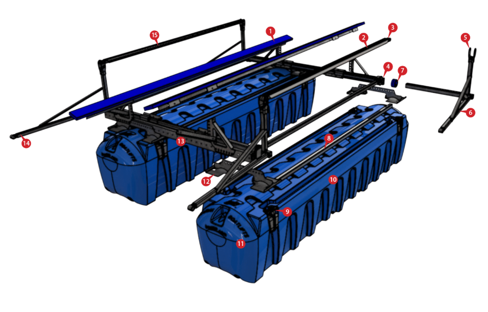 Numbered diagram showing fifteen major components of a HydroHoist UltraLift